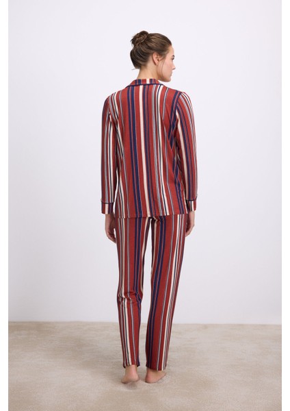 Kadın Uzun Kollu Düğmeli Çizgili Pijama Takımı 11578 fiyatları