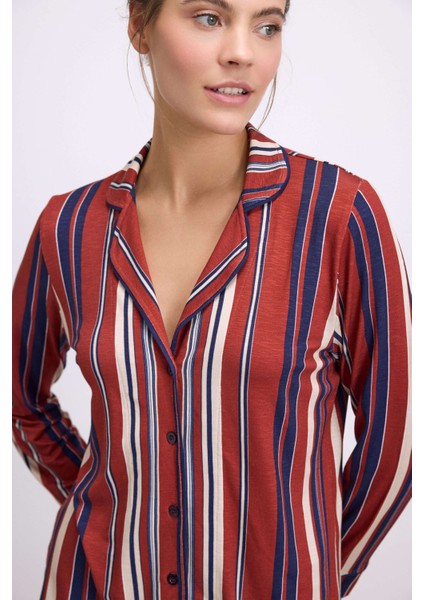 Kadın Uzun Kollu Düğmeli Çizgili Pijama Takımı 11578 modelleri