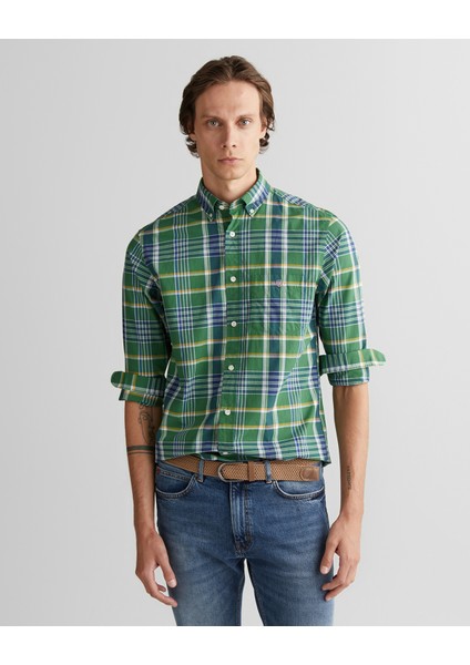 Erkek Yeşil Regular Fit Düğmeli Yaka Çizgili Gömlek 3250212.338