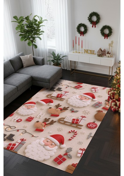Yılbaşı Halısı Dijital Baskılı Bej Kırmızı Yeni Yıl Halısı Noel Baba Figürlü Halı Yılbaşı Hediyesi