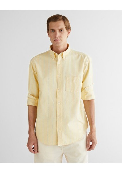 Erkek Sarı Relaxed Fit Düğmeli Yaka Çizgili Gömlek 3250024.714