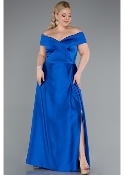 Kayık Yaka Uzun Saten Büyük Beden Abiye ABU2355