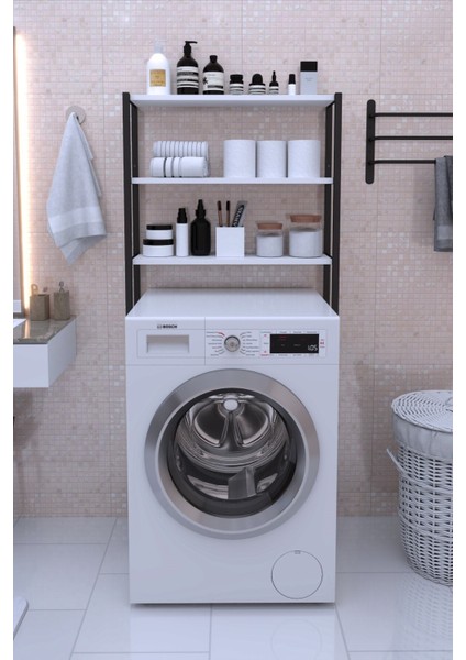Beyaz Çok Renkli Dekoratif Banyo Rafı ve Çamaşır Makinesi Üstü Rafı