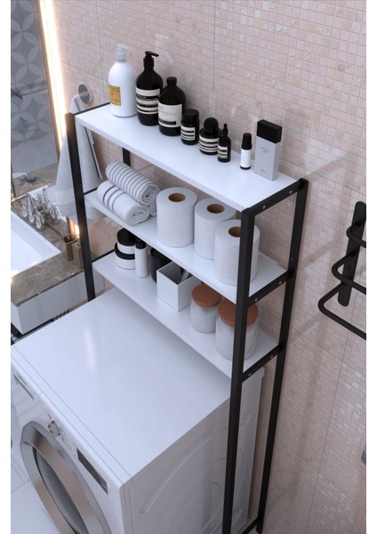 Beyaz Çok Renkli Dekoratif Banyo Rafı ve Çamaşır Makinesi Üstü Rafı modelleri