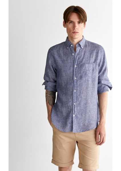 Erkek Mavi Regular Fit Düğmeli Yaka Keten Gömlek 3250076.401