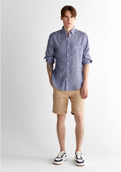 Erkek Mavi Regular Fit Düğmeli Yaka Keten Gömlek 3250076.401 modelleri