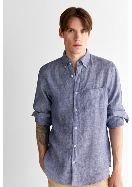 Erkek Mavi Regular Fit Düğmeli Yaka Keten Gömlek 3250076.401 fırsatları