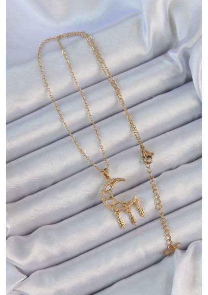 316L Çelik Zincir Altın Renk Işlemeli Zirkon Taşlı Ay Kolye fiyatları