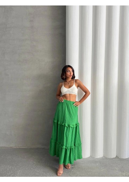 Fırfırlı Brodeli Astarlı Uzun Etek Yeşil S255047 fiyatları