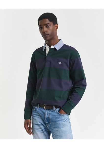 Erkek Yeşil Regular Fit Uzun Kollu Çizgili Rugby T-Shirt 2004083.374