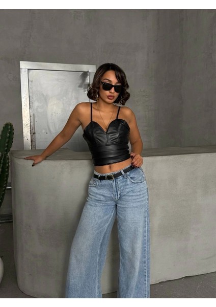Ip Askılı Yandan Fermuarlı Rastale Deri Crop Siyah fiyatları