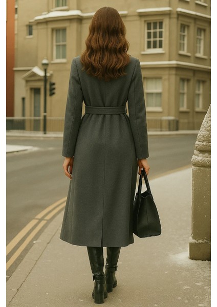 Kadın Kruvaze Premium Füme Kaşe Kaban