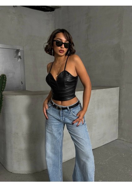 Ip Askılı Yandan Fermuarlı Rastale Deri Crop Siyah indirimleri