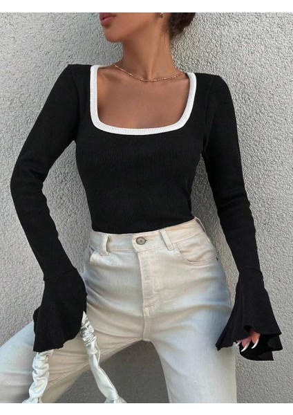Kare Yaka Garni Detay Ispanyol Kol Bluz Siyah