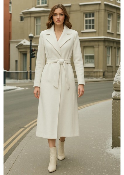 Kadın Kruvaze Premium Beyaz Kaşe Kaban