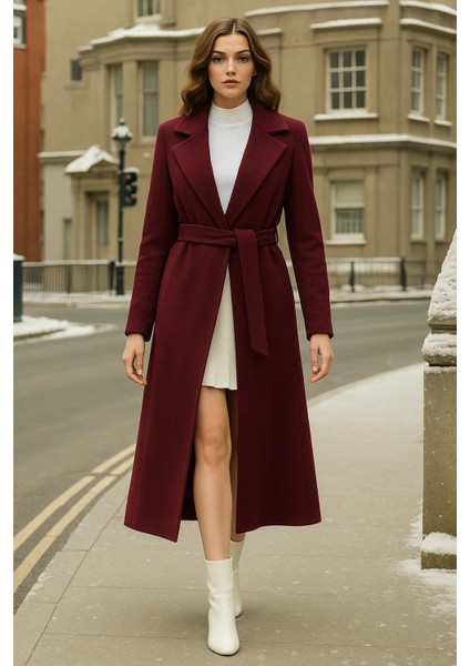 Kadın Kruvaze Premium Bordo Kaşe Kaban