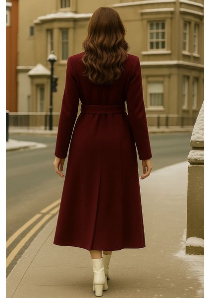 Kadın Kruvaze Premium Bordo Kaşe Kaban