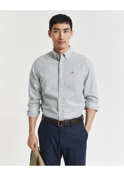 Erkek Yeşil Slim Fit Düğmeli Yaka Çizgili Oxford Gömlek 3250236.338