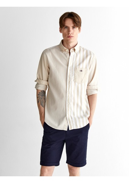 Erkek Bej Regular Fit Düğmeli Yaka Çizgili Gömlek 3825120T.233