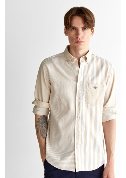 Erkek Bej Regular Fit Düğmeli Yaka Çizgili Gömlek 3825120T.233 fırsatları