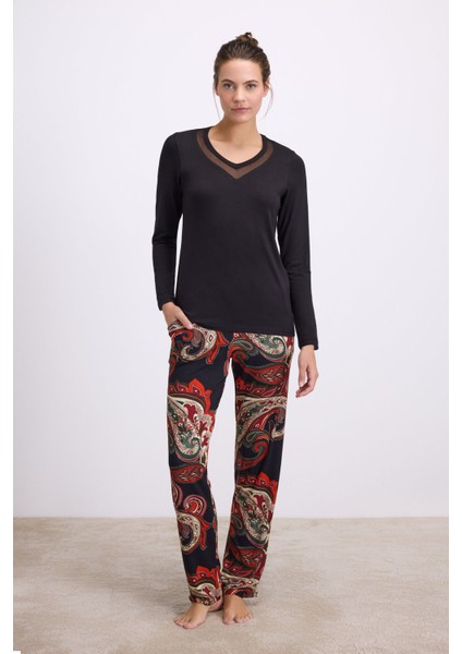 Kadın Desenli Pantolonlu V-Yaka Uzun Kollu Pijama Takımı (11544)