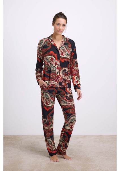 Kadın Desenli Uzun Kollu Gömlek ve Pantolon Pijama Takımı (11545)