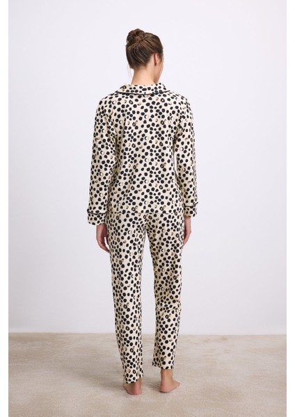 Kadın Uzun Kollu Gömlek Yaka Leopar Desenli %100 Pamuk Pijama Takımı 11550 fiyatları