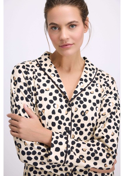 Kadın Uzun Kollu Gömlek Yaka Leopar Desenli %100 Pamuk Pijama Takımı 11550 modelleri
