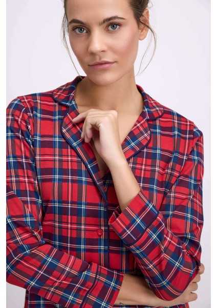 Kadın Uzun Kol Düğmeli Gömlek ve Ekose Pantolon Pijama Takımı 11580 fiyatları