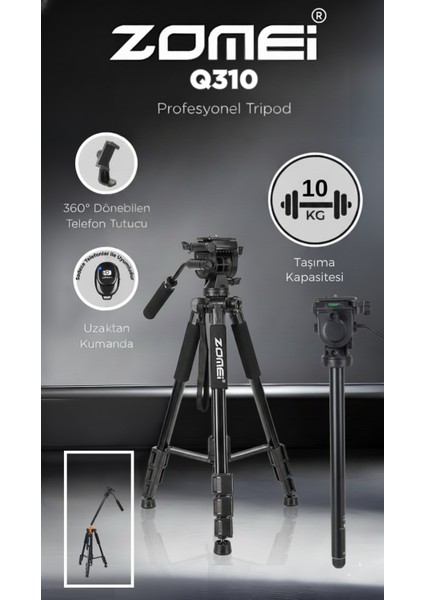Q310 Alüminyum Alaşımlı Profesyonel Tripod&monpod-10 kg Taşıma Kapasitesi-Kumanda ve Telefon Tutucu