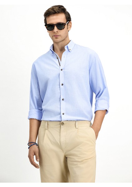 Uzun Kol Regular Fit Düğmeli Yaka Keten Görünümlü Spor Pamuk Gömlek