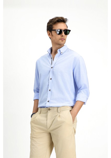 Uzun Kol Regular Fit Düğmeli Yaka Keten Görünümlü Spor Pamuk Gömlek fırsatları