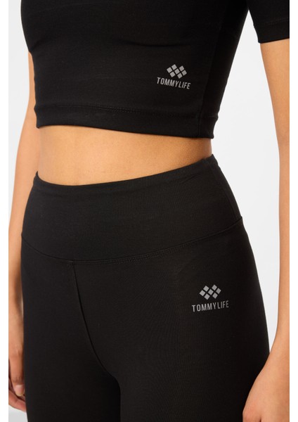 Siyah Yüksek Bel Kapri-Crop T-Shirt Slim Fit Kadın Tayt Takım - 95285