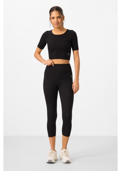 Siyah Yüksek Bel Kapri-Crop T-Shirt Slim Fit Kadın Tayt Takım - 95285