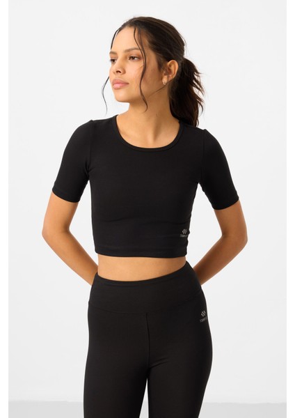 Siyah Yüksek Bel Kapri-Crop T-Shirt Slim Fit Kadın Tayt Takım - 95285