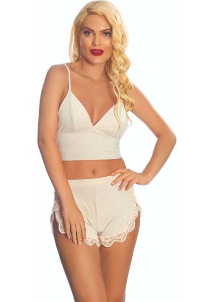 Ekru Lcralı Babydoll Şortlu Takım