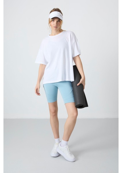 Beyaz Penye Modal Yumuşak Tuşeli Oversize Fit Basic Kadın T-Shirt- 97285