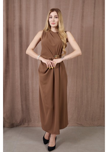 Kadın Kalın Askılı Yırtmaçlı Linda Kumaş Elbise Kahve indirimleri