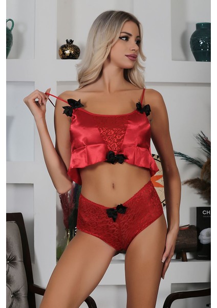 Kırmızı Saten Babydoll Takım