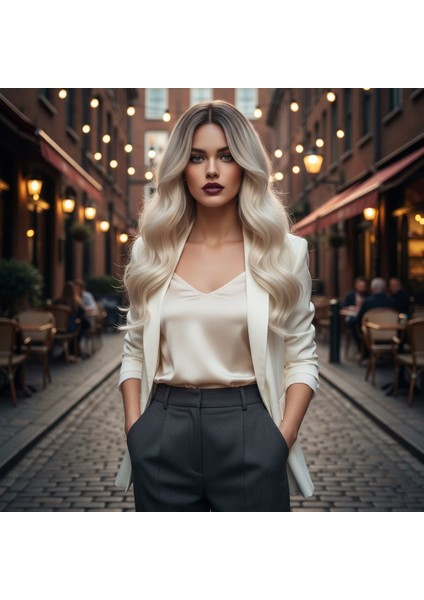 Dalgalı Perçemli Fiber Sentetik Orta Boy Peruk / Kahve / Beyaz Platin Röfleli