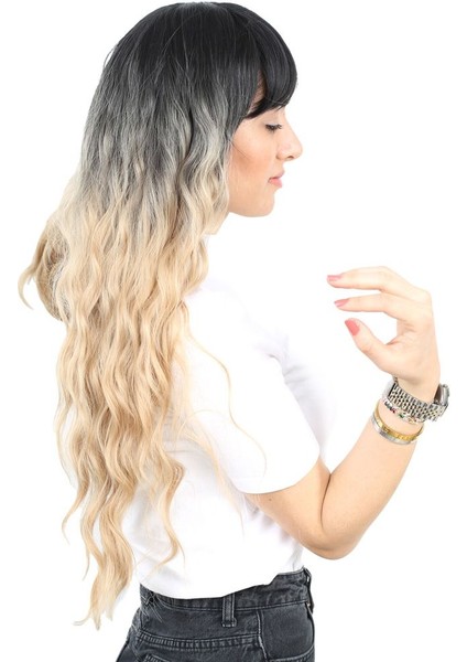 Perçemli Uzun Su Dalgası Fiber Sentetik Peruk / Siyah / Balköpüğü Ombreli fiyatları