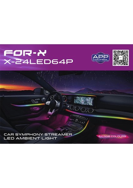 Araç Içi Ambiyans LED Aydınlatma - For-X X-24LED64P Animasyonlu 64 Renkli Müziğe Duyarlı Rbg LED Ambians Aydınlatma