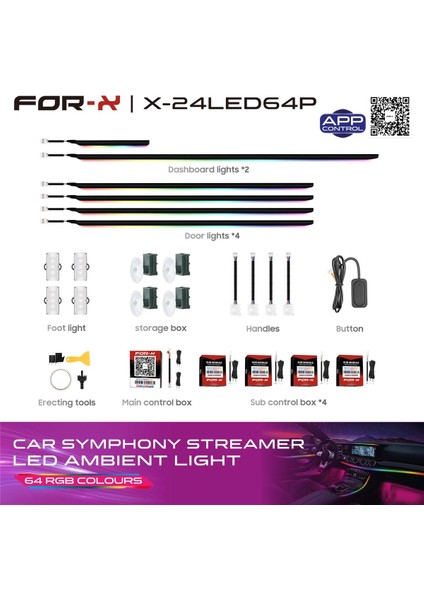 Araç Içi Ambiyans LED Aydınlatma - For-X X-24LED64P Animasyonlu 64 Renkli Müziğe Duyarlı Rbg LED Ambians Aydınlatma fiyatları