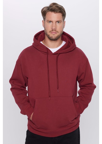 Unisex Oversize Geniş Kesim Pamuklu Yumuşak Dokulu Içi Polarlı Basic Bordo Kapüşonlu Sweatshirt fiyatları