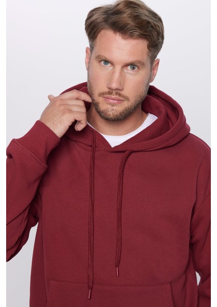 Unisex Oversize Geniş Kesim Pamuklu Yumuşak Dokulu Içi Polarlı Basic Bordo Kapüşonlu Sweatshirt fırsatları