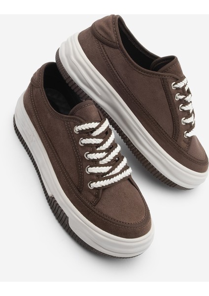Kadın Sneaker Yüksek Taban Bağcıklı Bez Spor Ayakkabı Kotnel Kahve Süet