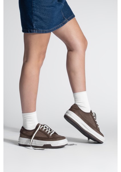 Kadın Sneaker Yüksek Taban Bağcıklı Bez Spor Ayakkabı Kotnel Kahve Süet fiyatları