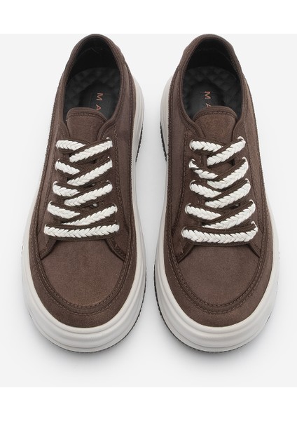 Kadın Sneaker Yüksek Taban Bağcıklı Bez Spor Ayakkabı Kotnel Kahve Süet