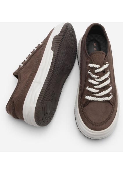 Kadın Sneaker Yüksek Taban Bağcıklı Bez Spor Ayakkabı Kotnel Kahve Süet