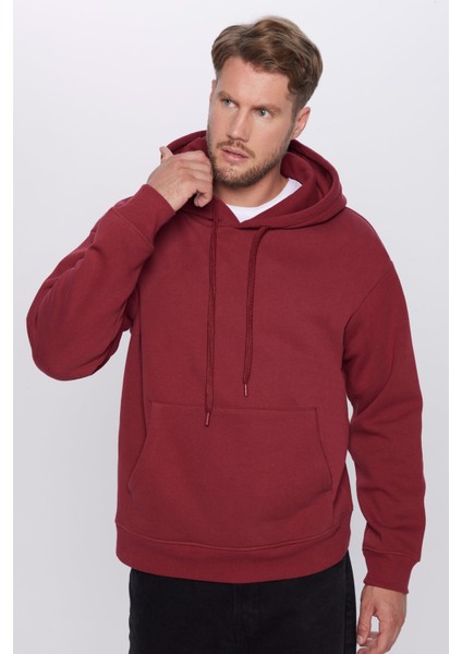 Unisex Oversize Geniş Kesim Pamuklu Yumuşak Dokulu Içi Polarlı Basic Bordo Kapüşonlu Sweatshirt